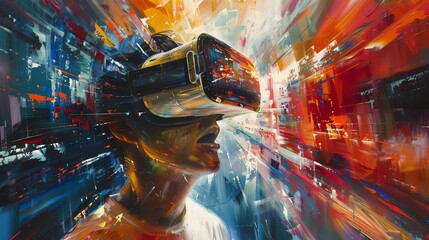 Create a striking oil painting depicting a high-angle view of a person immersed in a virtual reality experience Capture the intensity of their emotions and the surreal environment - obrazy, fototapety, plakaty