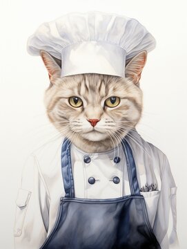 Cat wearing a chefs uniformcolor pencil drawing