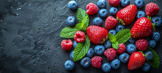   Blueberries, raspberries, and a few raspberry leaves are artfully arranged against a black surface, dripping with water droplets
