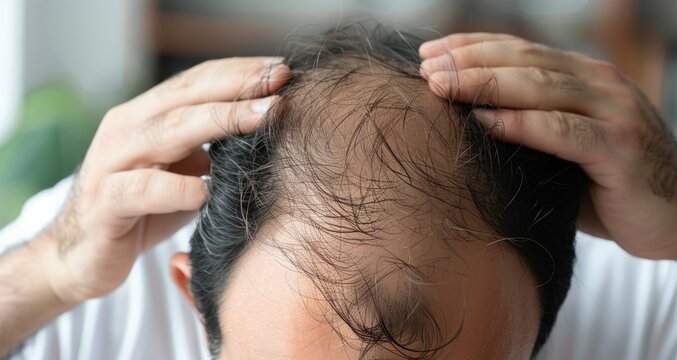 "Concerned Man Examining Hair Loss: Worries About Male Pattern Baldness"
