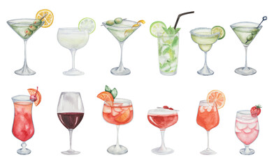 Watercolor set of illustrations. Hand painted cocktails, fruits. Martini, margarita, mojito, gimlet. Sex on the beach, wine, aperol spritz, clover club, rum-runner. Alcohol drink, beverage, aperitif