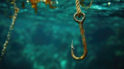 Detailed Close-Up of Fishing Fish Hook Underwater, Copy Space Image for Text or Design
 - obrazy, fototapety, plakaty
