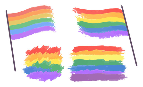 LGBT flags and rainbow brush strokes. Vector watercolor spectrum. Hand strokes isolated on white background