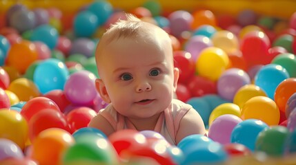 Fototapeta na wymiar Cute little baby girl playing in colorful balls. Happy childhood.