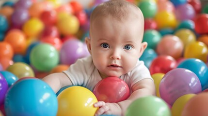 Fototapeta na wymiar Cute little baby girl playing in colorful balls. Happy childhood.