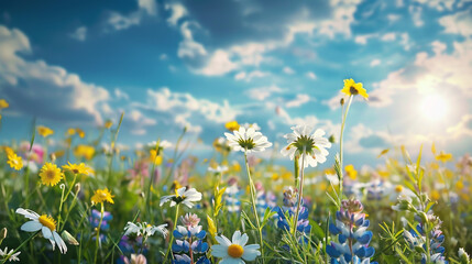 Close-up of vibrant chamomile flowers and blue wild peas in a stunning meadow beneath,