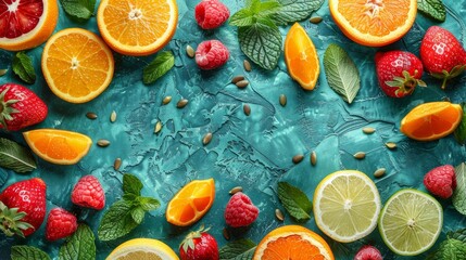   Oranges, strawberries, raspberries, lemons, limes and mint on a blue backdrop..or..Backdrop: Blue Items: Or