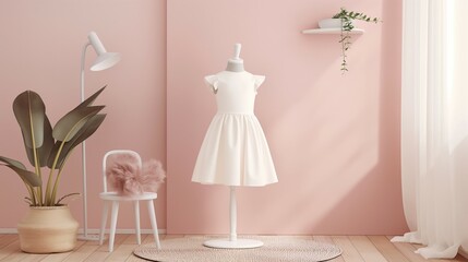 Baby, infant white dress mockup, nursery interior background,