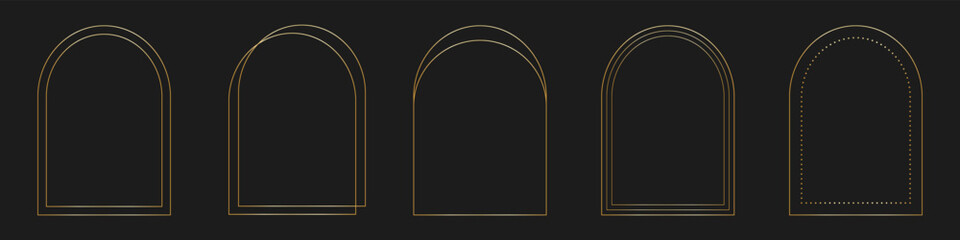 Set of minimalistic golden modern aesthetic linear arch, frame vector illustration