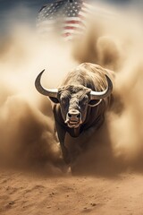 A large bull against the background of the American flag as a symbol of the state of Texas. Revolution or bullfight concept