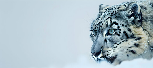 A snow leopard stalking through snow, captured with a high-resolution camera to detail its camouflaged fur and intense gaze, set against a stark white snowy background with copy space
