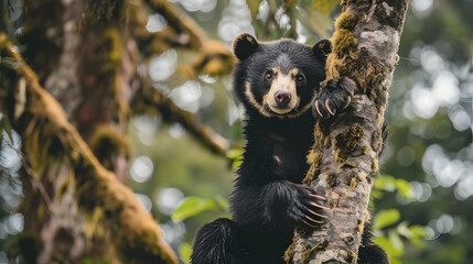 Obraz premium A spectacled bear climbing a tree, shot from a low angle to highlight its climbing abilities and distinctive facial markings, set against a dense Andean forest background with copy space