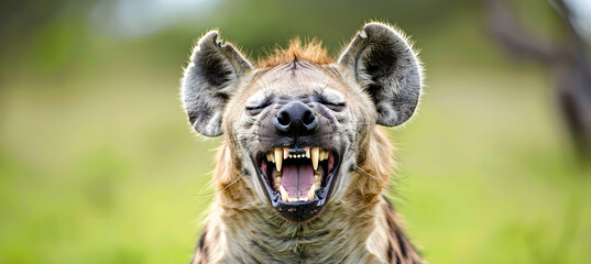 Obraz premium A spotted hyena laughing, photographed with a high-contrast setting to capture its expressive face and rugged environment, set against a savannah backdrop with copy space