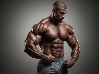 Display of physical fitness, bodybuilding achievements evident in this image, with focus on highly muscular physique. Mans upper body turned slightly to side.