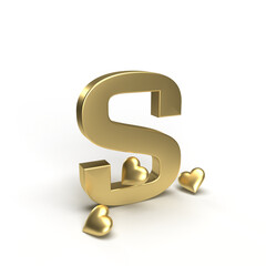Gold letter S of the alphabet with hearts around it. Idea for Valentine's Day or wedding anniversary. 3d rendering