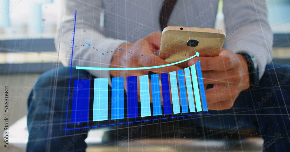 Poster image of blue graph over hands of man using smartphone