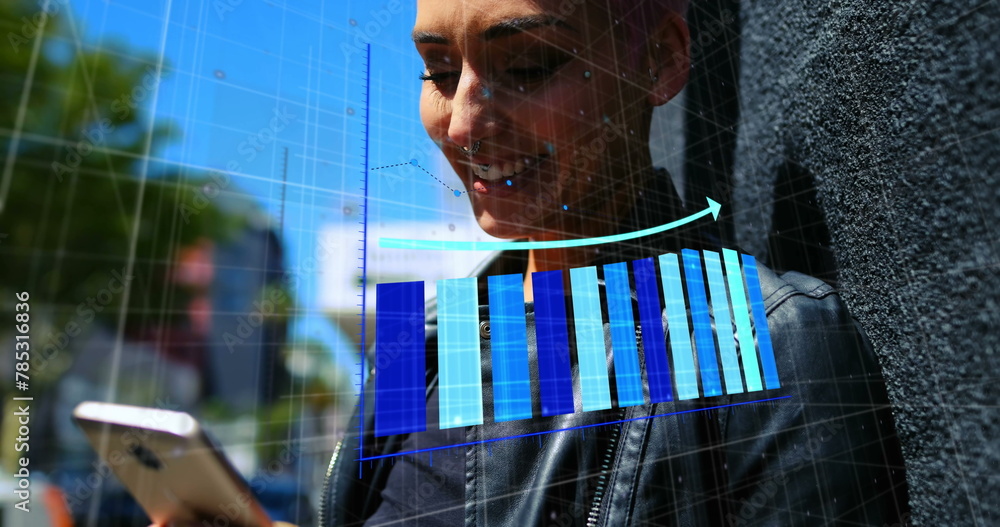 Poster image of statistical data processing over biracial woman using smartphone on the street