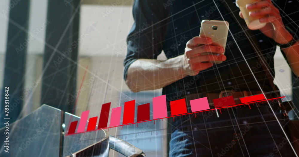 Poster image of data processing over mid section of man drinking coffee and using smartphone