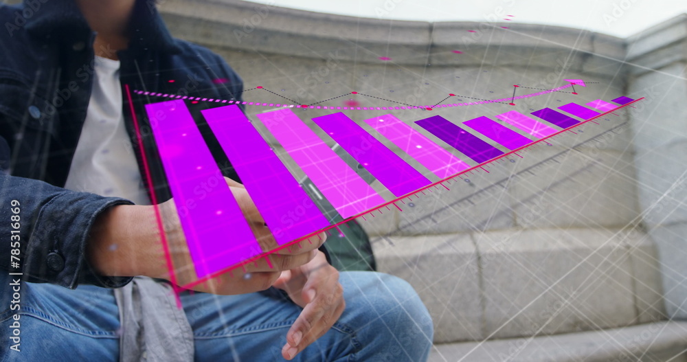 Poster image of statistics data processing over biracial man using smartphone