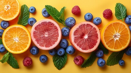   Grapefruit, oranges, blueberries, raspberries, and mint leaves against a yellow backdrop