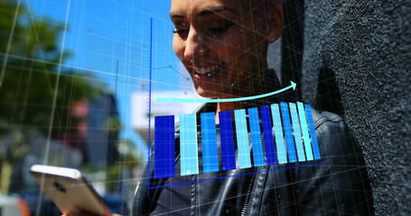 Image of statistical data processing over biracial woman using smartphone on the street