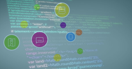 Image of colorful computer icons over computer programming language