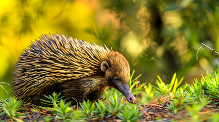 Fototapeta premium An echidna foraging in the underbrush, photographed with a macro lens to showcase its spines and snout, set against a natural bush background with copy space