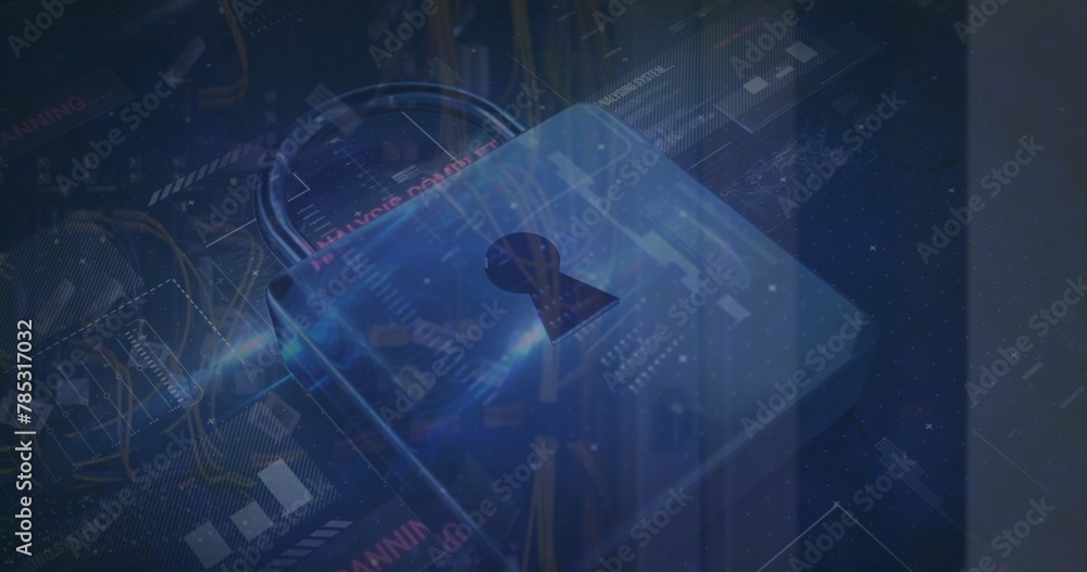 Poster image of digital padlock over data processing over computer wires