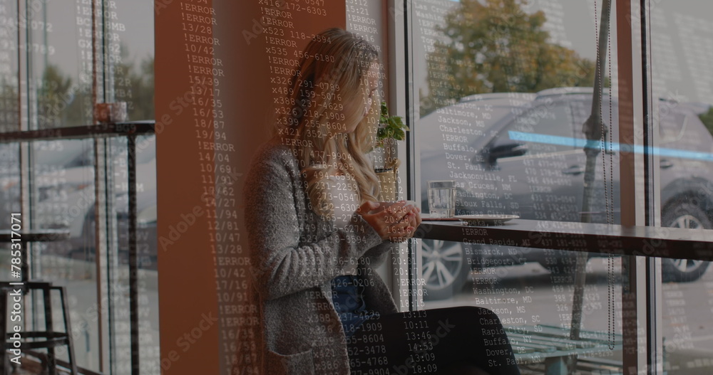 Poster image of lines and data processing over caucasian woman using smartphone at cafe