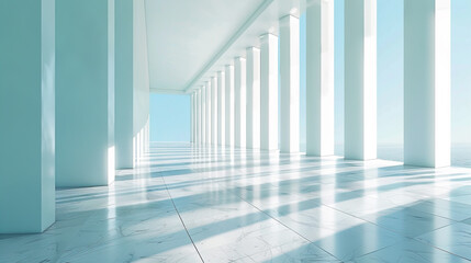 Beautiful expansive architectural setting with wide angles, adorned in serene white and light blue tones,