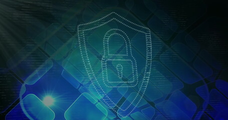 Image of digital shield with padlock over squares and light