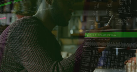 Image of data processing over african american man using smartphone