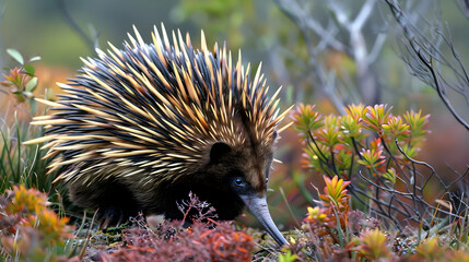 An echidna foraging in the underbrush, photographed with a macro lens to showcase its spines and snout, set against a natural bush background with copy space