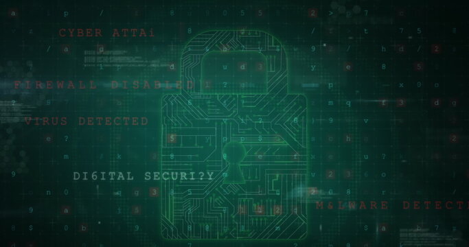 Image of cyber attack warning text, padlock and data processing over circuit board