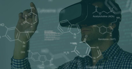 Image of chemical structures and data processing over caucasian man wearing vr headset