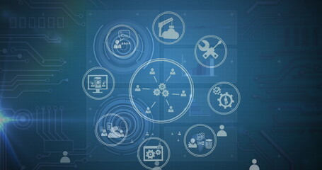 Image of tech icons and data processing on green digital screen