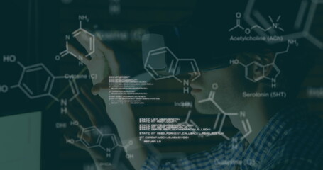Image of chemical structures and data processing over caucasian man wearing vr headset - Powered by Adobe