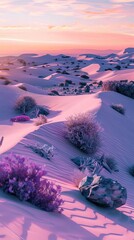 A photograph of the dunes in the style of bo decoupage, with desert plants and rocks, at sunset, with purple sand color and a light pink sky, beautiful, award winning photography in the style of Natio - obrazy, fototapety, plakaty