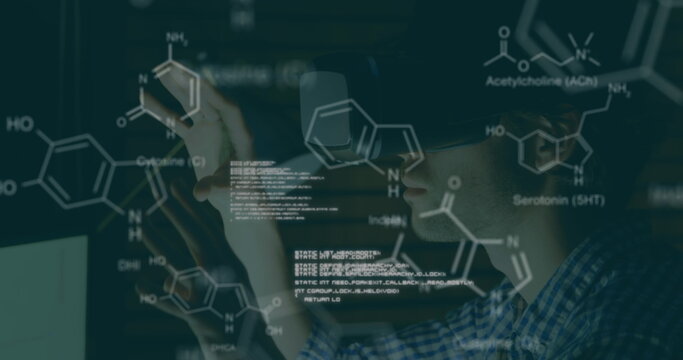Image of chemical structures and data processing over caucasian man wearing vr headset