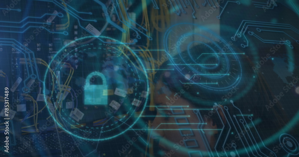 Poster image of security padlock, data processing and scope with computer circuit board