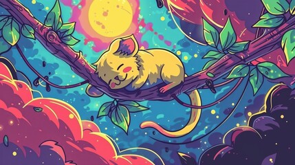   A cat naps on a tree limb beneath a full moon, surrounded by twinkling stars - obrazy, fototapety, plakaty