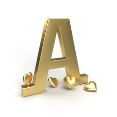 Gold letter A of the alphabet with hearts around it. Idea for Valentine's Day or wedding anniversary. 3d rendering