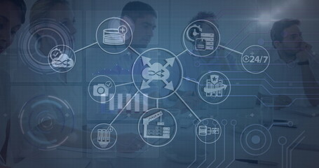 Image of tech icons and diverse coworkers on green digital screen