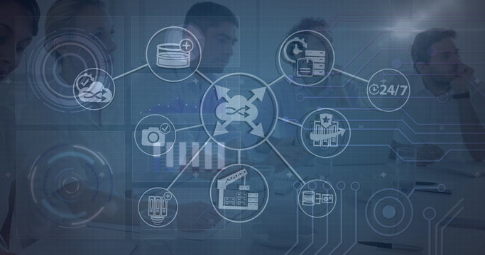 Image of tech icons and diverse coworkers on green digital screen