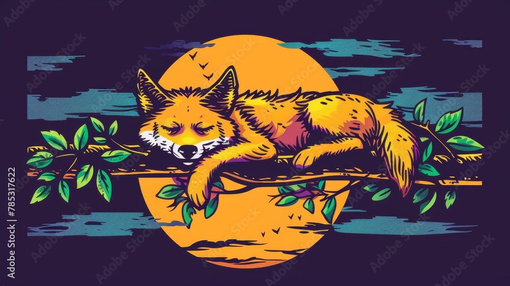 Poster a sketch of a fox dozing on a branch, before a full moon branches and leaves populate the foreground