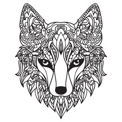 Mandala Coloring Page for Adults. Fox Head Zen Spiritual Relax Colouring Book Template.