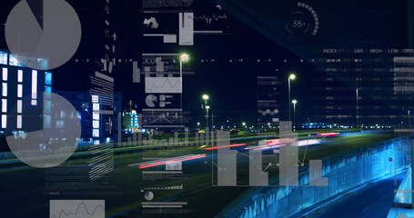 Image of digital data processing over night cityscape