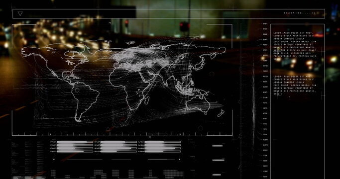Image of interface with data processing against aerial view of city traffic at night