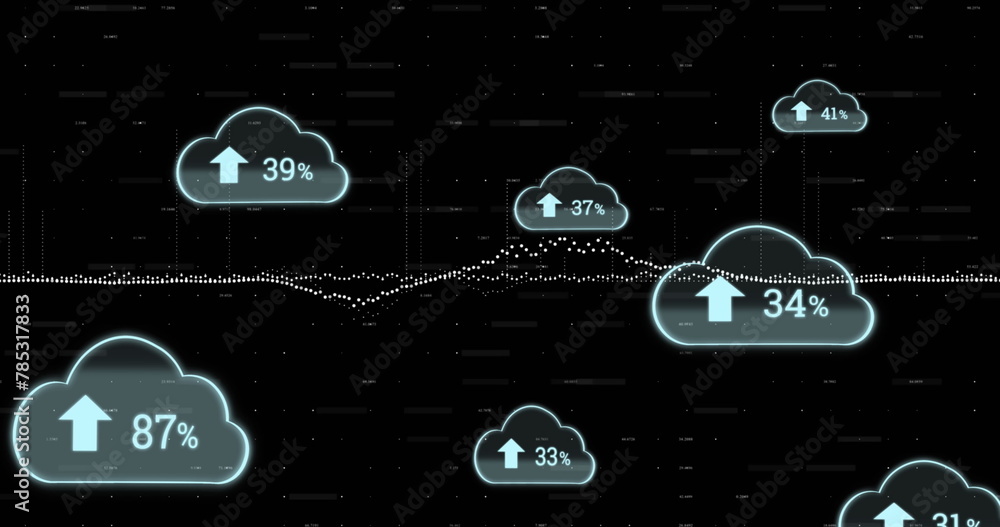 Poster image of cloud icons and data processing on black background