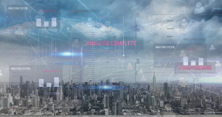 Image of interface with data processing and network of profile icons over cityscape